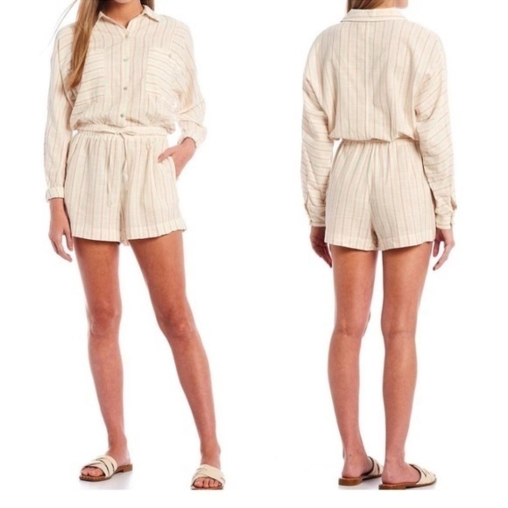 Every Romper Long Sleeve Stripe Casual Beachy Shorts White Clay Linen Look L